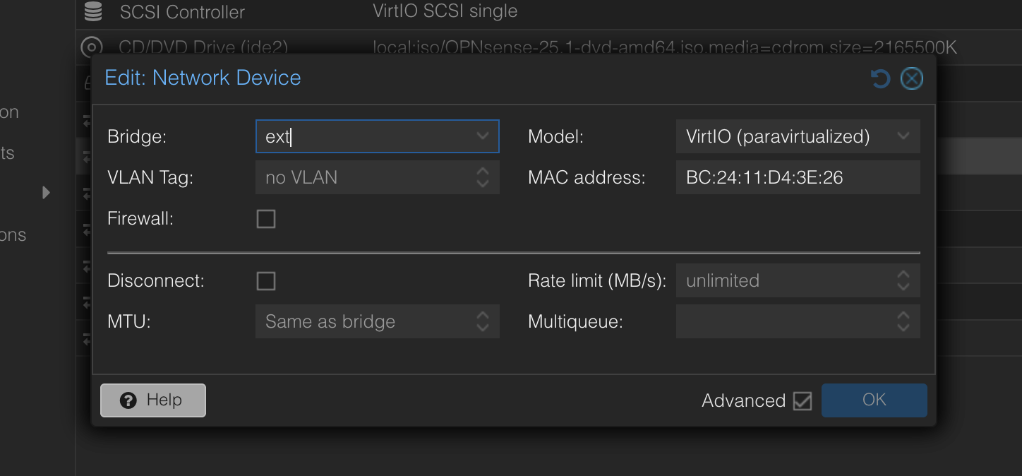 vNIC creation dialog